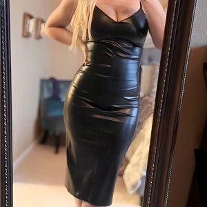 Faux leather black midi dress, S